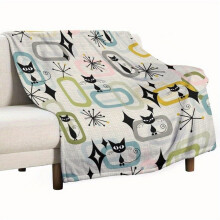 Mid-Century Flannel Throw Blanket – Retro 60s Geometric Black Cats Print, Soft & Cozy for Couch, Bed, Chair, Travel – All Seasons, Compatible with