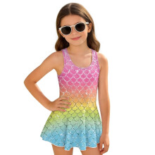 Colorful Merimaid Scale Girls One Piece Swimsuits Size 6-7 Modest Back Strap Swim Dress 1-Piece Beach Swimwear Pool Party