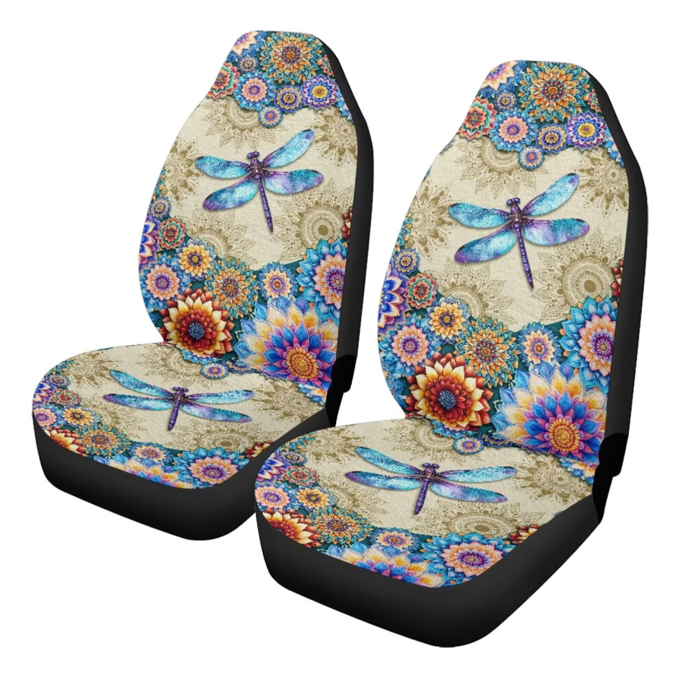 Mandala Dragonfly Front Car Seat Covers 2Pcs, Universal Fit For Cars/Trucks/Suvs/Vans, High Back Bucket Style, Easy Install Coral 9122141079200