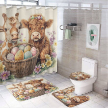 Easter Cow & Giraffe Shower Curtain 4-Pc Set: Rug, Toilet Lid Cover, Non-Slip U-Shape Mat – Waterproof Farm Animal Decor, Compatible with Standard