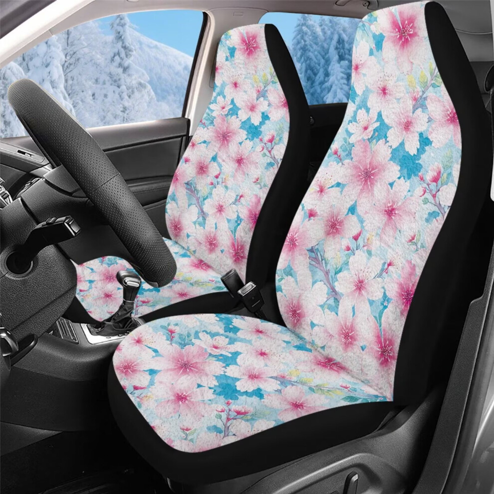 Fluffy Car Seat Cover, 2 Pack Cherry Blossom Print Auto Driver Seat Covers, Universal Fits Most Vehicle Suv Truck Minivan, Car Interior Accessories Coral 9122141080800