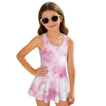 Pink Marble Print Girls Swimsuit One Piece Modest Bathing Suit Swimwear Sleeveless Skirted Bathing Suit Beach Sport, Size 6-7