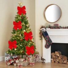 Christmas Tree Topper Bow Velvet Holiday Party Decor for Indoor Outdoor Home with Gift Wrapping Ideas Festive Ornament Enhancer 5.1in Red