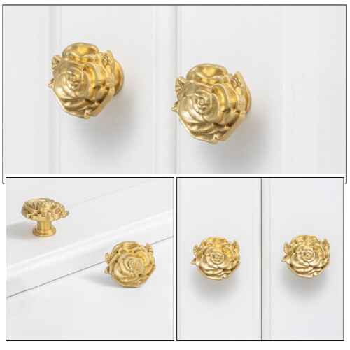 2Pcs Golden Brass Rose Drawer Knobs Elegant French Design Cabinet Pulls 2