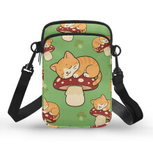 Kleine Umhängetasche aus Polyester mit Katzen- und Pilzmuster, 2-lagig, verstellbarer Riemen, ideal für Outdoor-Aktivitäten, Urlaub und Reisen.