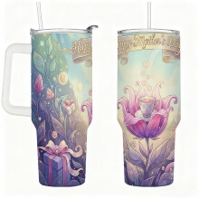 Gobelet isotherme en acier inoxydable avec couvercle et paille, élégant motif floral, idéal pour la fête des mères, tasse de voyage à double