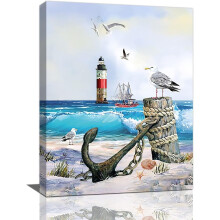 Tengerészeti stílusú falikép: Világítótorony és horgony, vászonkép, 25x40 cm, keretezve – Óceánparti dekoráció nappaliba,
