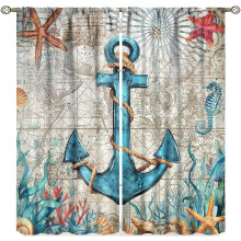 Anchor Curtains，Ocean Animal Coastal Coral Beach Nautical Theme Print Pattern Window Drapes for Bedroom Kitchen Window 2 Panels 42x84 Blackout