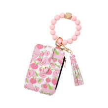 Pink Beaded Wristlet Wallet with Tassel Keychain, Snap Closure, Compatible with Summer Peach