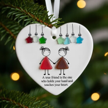 Heart-Shaped Sea Glass Friendship Ornament, Red Brown – Compatible with Christmas Tree, Best Gift for Sisters & Friends
