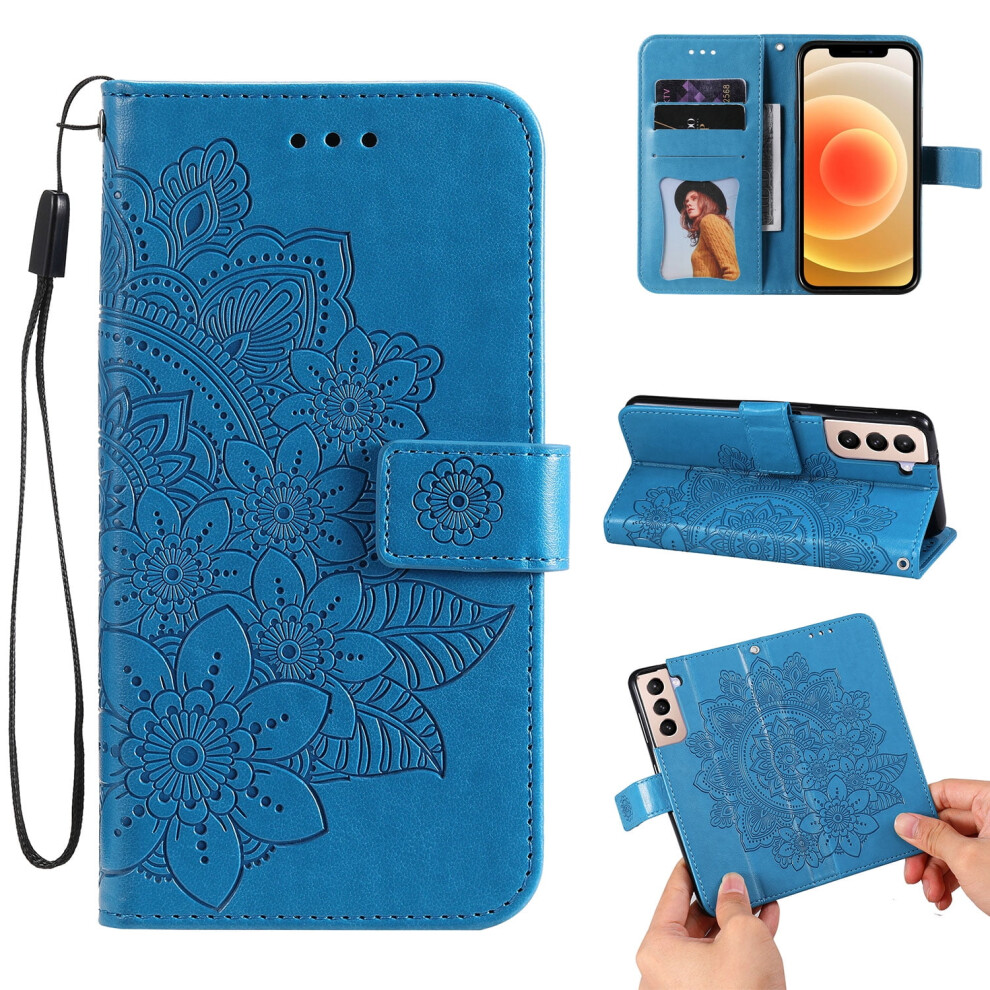 Galaxy S21 Wallet Case Compatible With Samsung Galaxy S21 5G (6.2"), Floral Pu Leather, Shockproof, Flip Stand, Wristlet, Card Slots, Blue 9097180852469