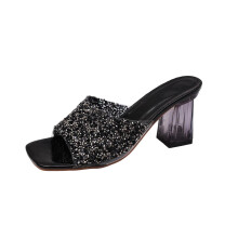 Sandales noires à bout ouvert pour femmes, talons hauts, chaussures d'été décontractées pour l'intérieur et l'extérieur, talon transparent de
