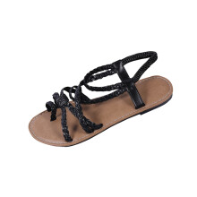 Sandales plates noires à entre-doigts pour femme, en tissu tressé, avec bride élastique à l'arrière – Grande taille 39 EU, longueur du pied