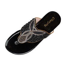 Black Women's Casual Flat Thong Sandals, Boho Rhinestone Decor, Comfort Slide Flip Flops for Beach/Outdoor – EU 41 / UK 6.5 / US 8.5