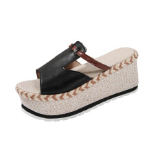 Sandales compensées noires à bout ouvert pour femme, confortables et élégantes, en PU, talon de 8 cm, pointure 39 (EU), longueur du pied 24,5 cm,