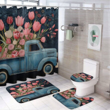 Old Blue Truck & Pink Tulips 4-Pc Shower Curtain Set w/ Non-Slip Rug, Toilet Mat & Lid Rug – Waterproof Valentine's Bathroom Decor