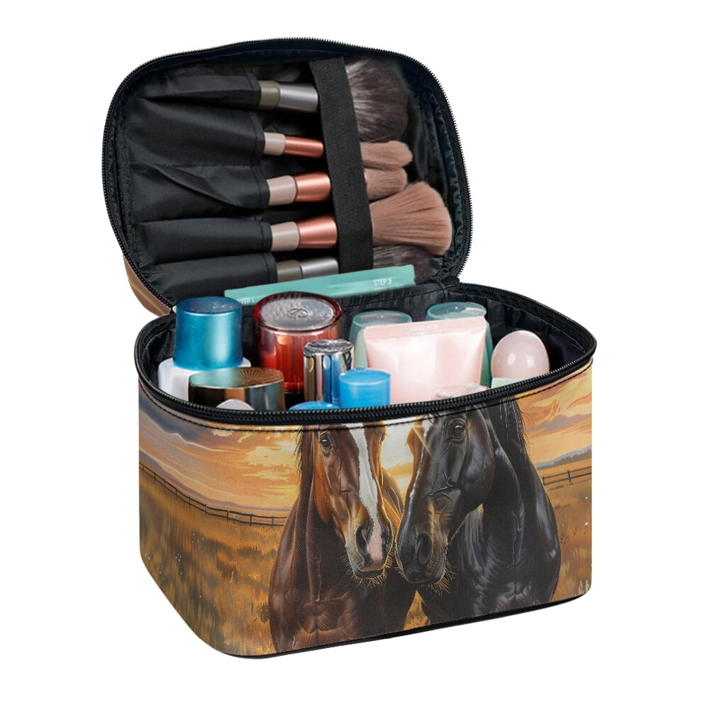 Grassland Horse Pattern Polyester Makeup Brush Holder Travel Cosmetic Bag Cosmetic Organizer Portable Hanging Organizer (8.86"x6.5"x5.9") Practical