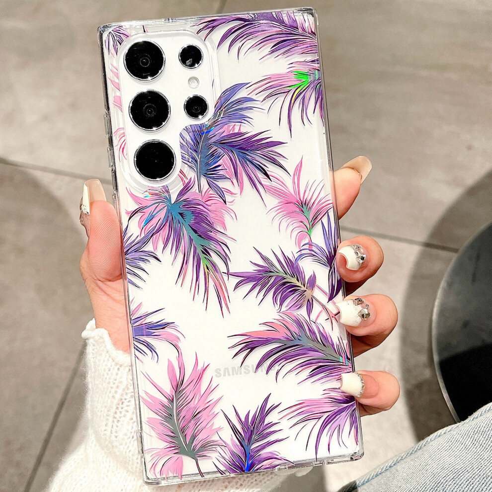 Case For Compatible With Samsung Galaxy S24 Ultra Case Clear With Design Slim Protective Soft Tpu Bumper Embossed Pattern, Leaf Purple 9097180852599