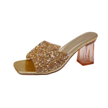 Gold Peep Toe Sandals For Women High Heels Casual Summer Shoes Outdoor Indoor Crystal Clear Heel 2.95 Inches Heel Height Slip On Slippers Size 38