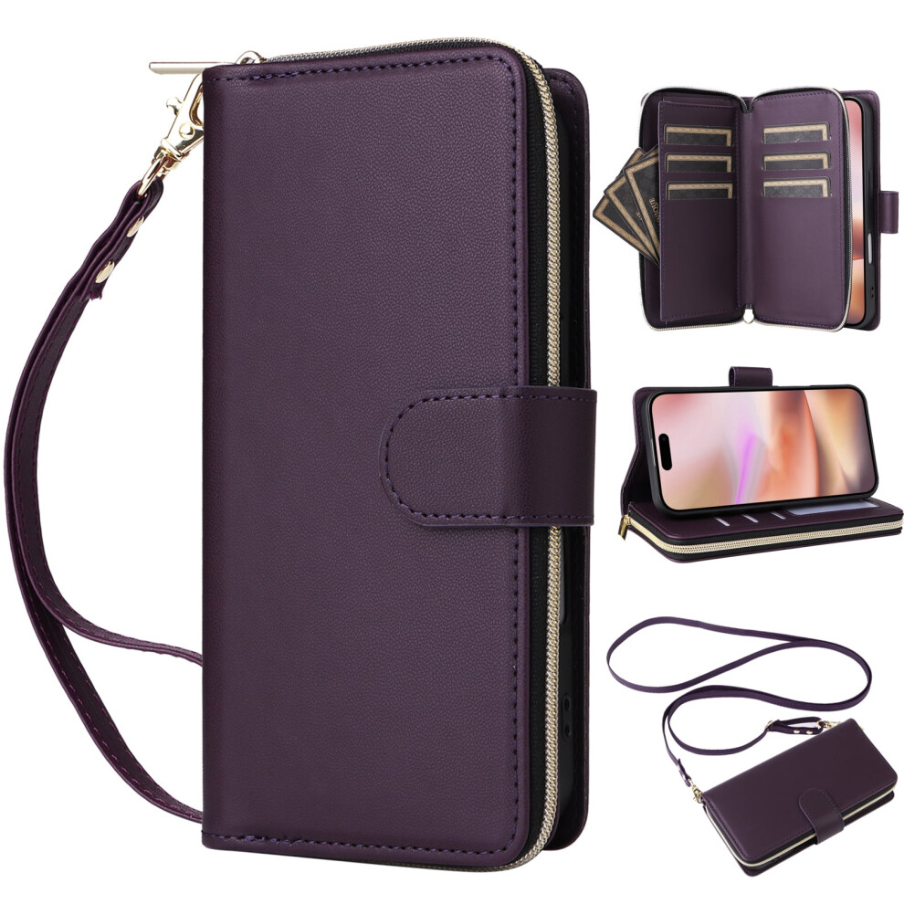 Crossbody Wallet Case For Iphone 16 Â Soft Pu Leather, 9-Card Slots, Kickstand, Zipper Flip Cover With Wrist Strap, Dark Purple 9336866744958