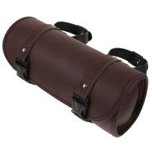 Bolsa para manillar de motocicleta en color café con organizador de herramientas para guardar la horquilla delantera y el portaequipajes trasero.