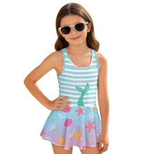 Mermaid Tail Shell Girls One Piece Swimsuits Modest Size 3-4 Sleeveless Summer Swim Dress Polyester and Spandex Skirted Bathing Suit Beach Vacation