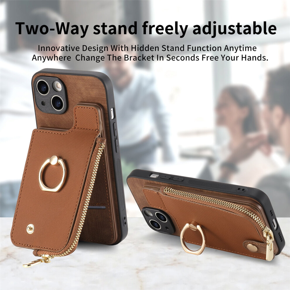 Tech Circle Wallet Case For Iphone 15 (6.1") Â Leather Cover With Zipper Pocket, Card Slot, Kickstand & Ring Holder, Brown 9336866745184