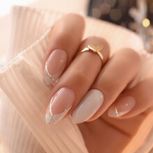 24 künstliche Fingernägel in Mandelform mit Glitzerstreifen im French-Stil für Frauen und Mädchen