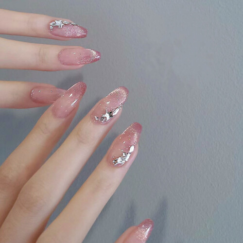(S) Pink Cat Eye Fake Nails, Square Tips
