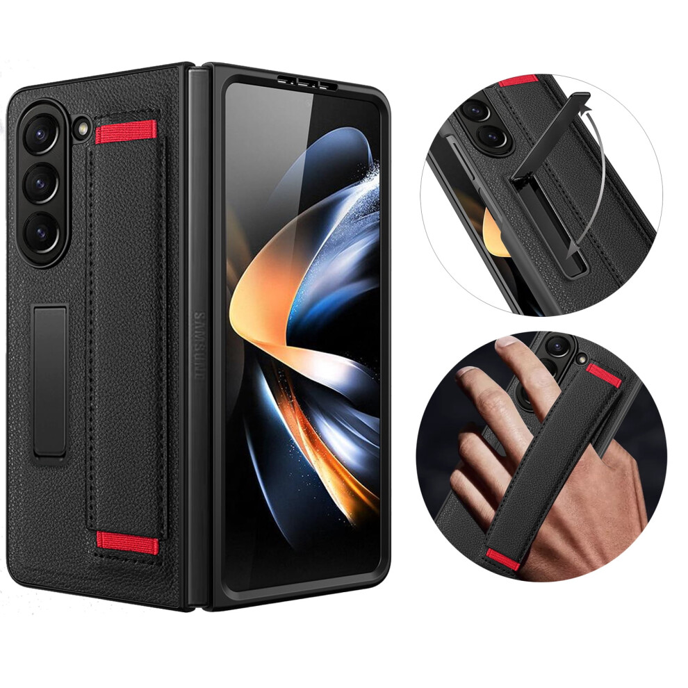 Allytech Pu Leather Phone Case For Compatible With Samsung Galaxy Z Fold 5 Â Shockproof, Kickstand, Wristband, Black/Red 9044386036759