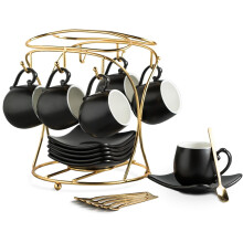 Espresso Cups with Saucers Set, 3 oz Porcelain Demitasse Cups + Metal Stand & Spoons, Compatible with Coffee/Tea, Set of 6, Black