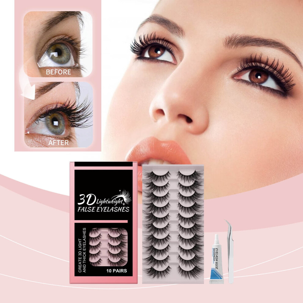 3D Lightweight False Eyelashes 10 Pairs With Glue And Tweezers Natural Looking 1pc 7ml