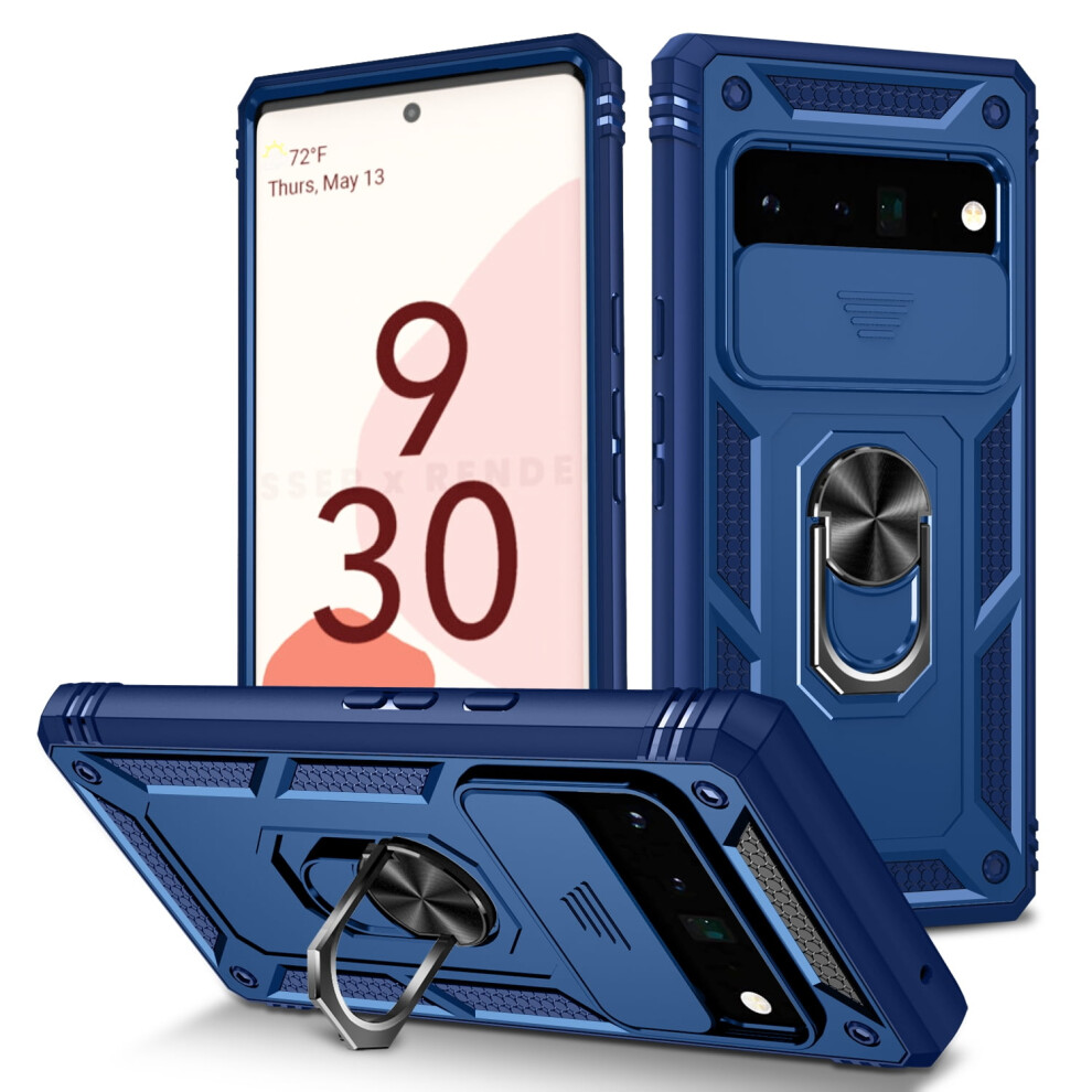 Rugged Google Pixel 8A Case With Sliding Lens Cover, Rotating Ring Stand & Magnetic Car Mount Â Compatible With Google Pixel 8A Blue 9009879501145