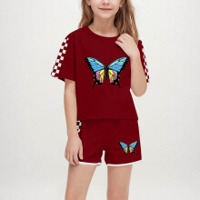 Butterfly and Checkered Sleeve Outfit Sets for Girls Boys - Soft Breathable Summer 2-Piece Shorts and Top, Ages 5-14, Wine