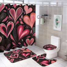 Red Pink Heart 4-Pc Shower Curtain Set w/ Non-Slip Rug, Toilet Lid Cover & Bath Mat – Waterproof, Compatible with Standard Showers