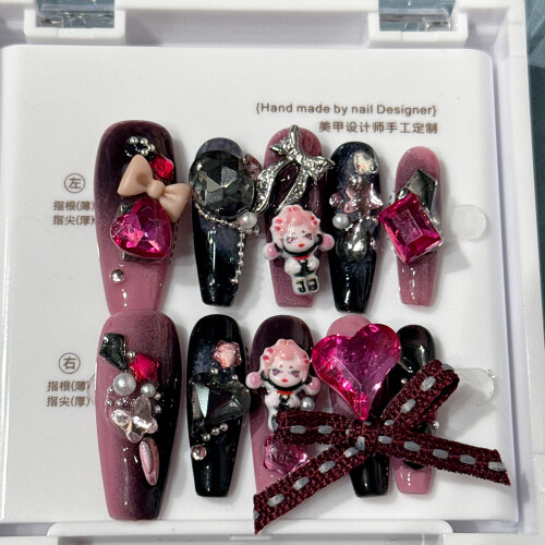 (L) Pink Black Gradient False Nails for Women 2