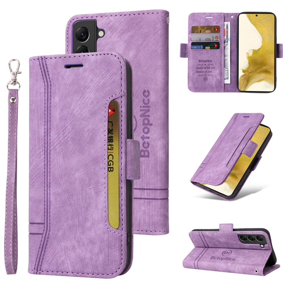 Wallet Phone Case For Samsung Galaxy S22 5G (6.1") Â Shockproof Pu Leather, Magnetic Clasp, Id/Card Slots, Wrist Strap, Flip Stand Purple 9336866742015