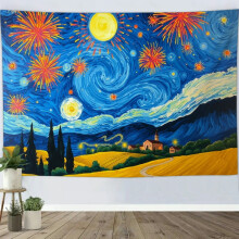 Mountain Village Festival Night Tapestry, Farm Fields Nebulae Theme Wall Art for Bedroom, Living Room, Dorm, or Apartment Decor - 90x60in
