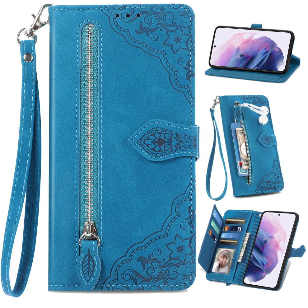 Pu Leather Flip Wallet Case With Lanyard & Zipper Card Holder For Compatible With Samsung Galaxy A13 5G, 6.5" Blue 9130661144841