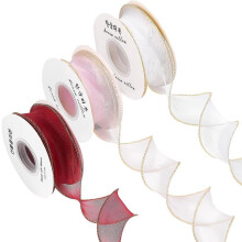 30 Yards Sheer Wired Organza Ribbon, 40mm, 3 Colors, Golden Edge—Valentine's, Gift Wrapping, DIY Crafts, Bouquet, Garland, Baking (Compatible with