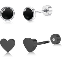 2 Pairs Titanium Black Onyx & Heart Stud Earrings – Hypoallergenic, Flat Back, for Men & Women, Daily Wear & Gifting