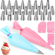 30Pcs Piping Bag and Tip Set Multiple Shape Stainless Steel Tip and 12 Inch Piping Bag for Cookie Cupcake Macaron for Beginner and Baking Enthusiast