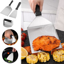 Grillverktøysett i rustfritt stål (3 deler) | Teppanyaki-spade, skrape, kjøttpresse | Varmebestandig, enkel å rengjøre | Kompatibel med