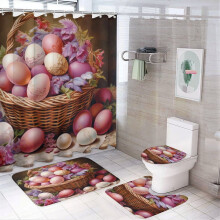 Easter Egg Drawing Basket 4-Pc Bathroom Set: Shower Curtain, Rug, Toilet Lid Cover & Non-Slip U-Shape Mat – Waterproof, Colorful Eggs/Flowers/Leaves