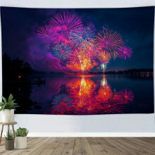 Lakeside Night Landscape Theme Tapestry, New Year Fireworks Show Wall Art for Bedroom, Living Room, Dorm, or Apartment Decor - 80x60in