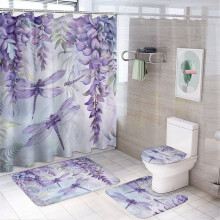 Purple Wildflower Shower Curtain 4-Piece Set with Non-Slip Rugs & Toilet Mat, 72"x72", 12 Hooks, Spring/Summer Decor