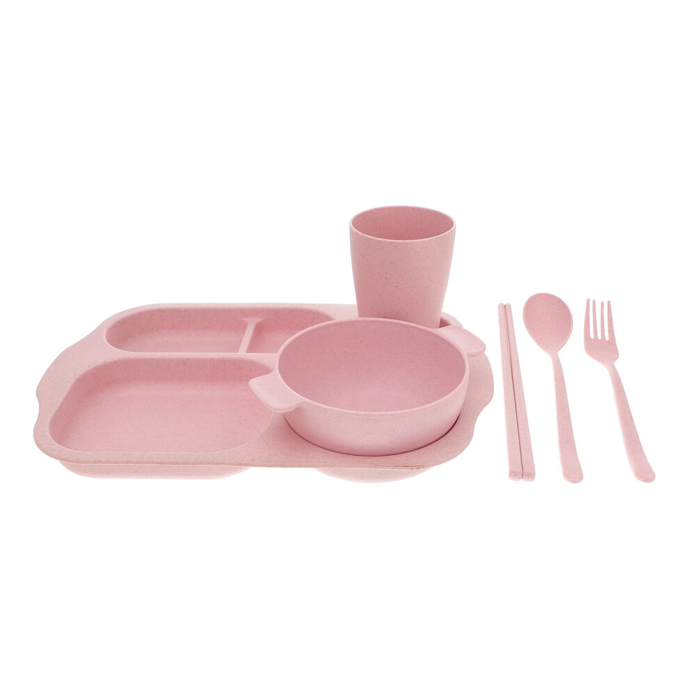 1 Set Separated Slot Plate Kit Plastic Tableware Set Service Plate Kit Dinner Plate Fork Spoon Kit With Bowl (Pink) Pink