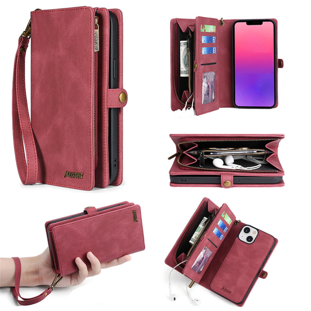 Wallet Case Compatible With Iphone 14 (6.1"), Magnetic Pu Leather Flip Folio With Stand, Zipper Purse & Hand Strap Â Red 9044386938978
