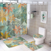 4-Pc Colorful Leaves & Flowers Shower Set: Curtain, Rug, Toilet Cover, U-Shaped Mat – Blue Floral, Waterproof & Durable – Compatible with Standard