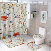 4-Piece Butterfly & Flower Shower Curtain Set with Rug, Toilet Cover & U-Shaped Mat – Compatible with Standard Showers